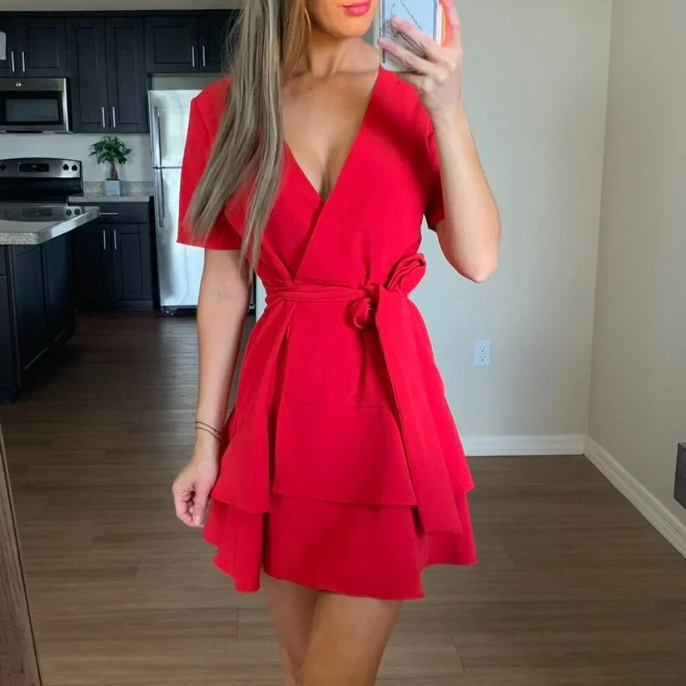 Charles Henry Red Ruffle Tiered Wrap Dress Small